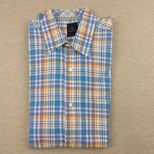 Tailorbyrd Plaid Cotton Stretch Long Sleeve Shirt, Blue/Orange/Green, Size L